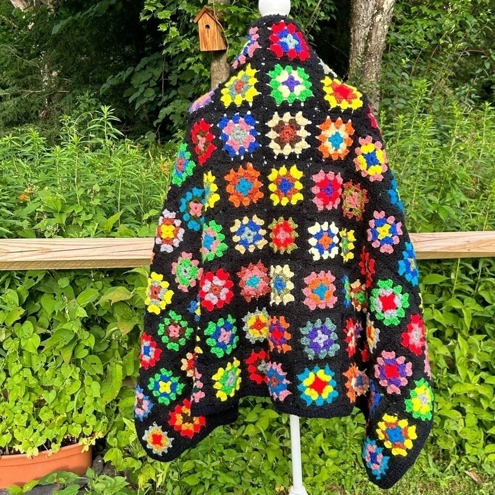 Vintage Colourful Granny Quilt Shawl Afghan Crochet Blanket